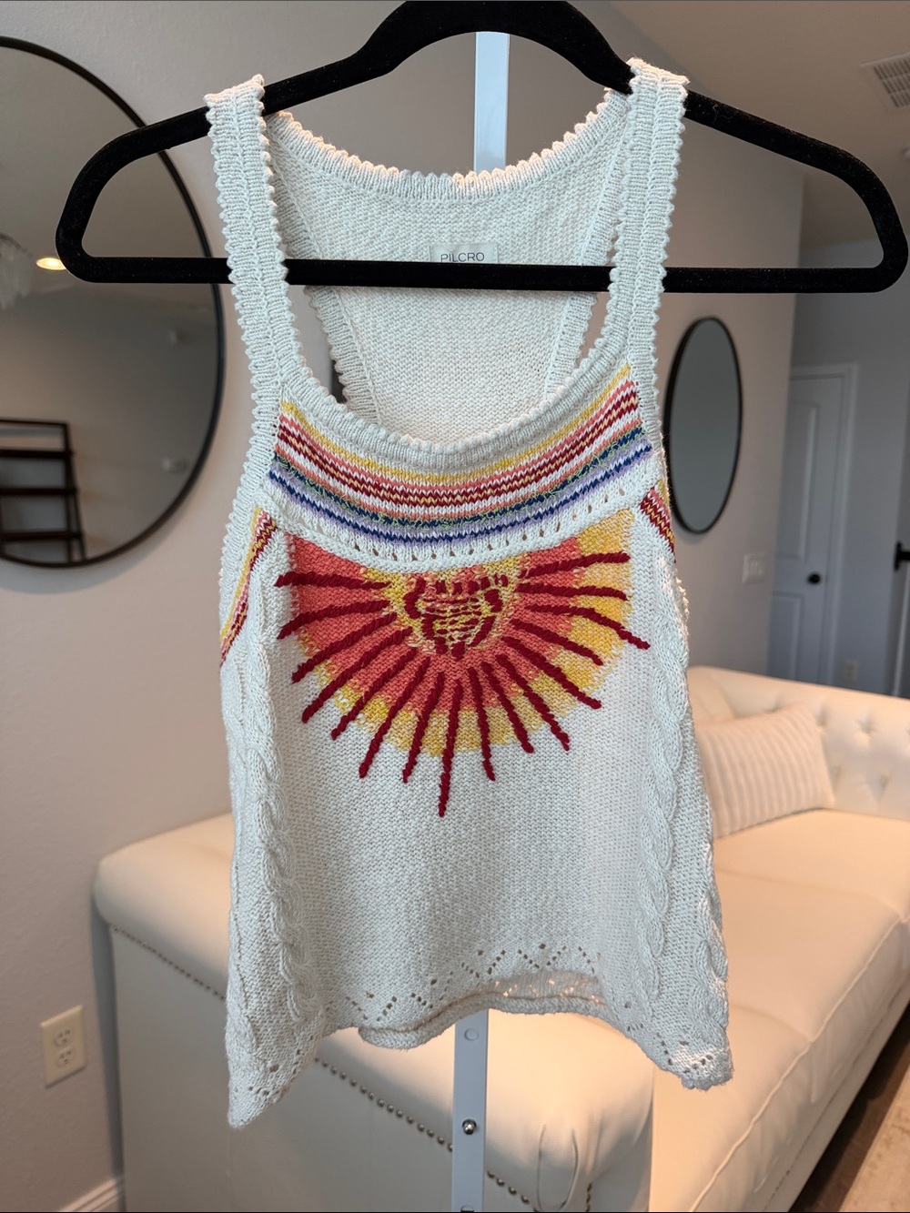 Pilcro Cream Knit Tank with Red & Yellow Sunburst Motif